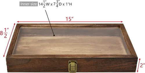 Miniatura 2 de MOOCA Caja de almacenamiento de 2 piezas de vidrio templado de madera con cierre de metal, bandeja de joyería de madera para coleccionables