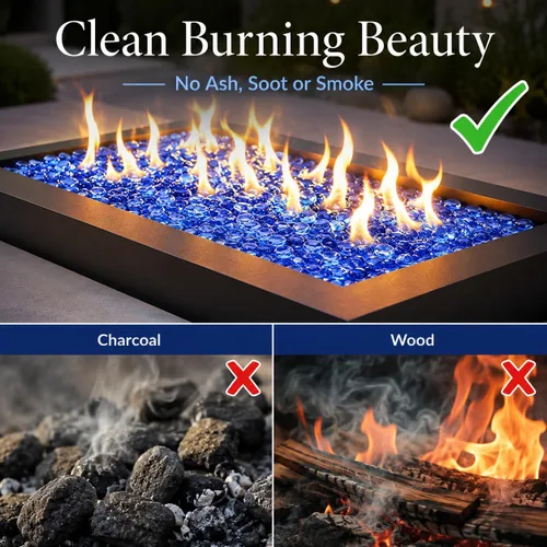Miniatura 3 de GRISUN Vidrio para hoguera con brillo azul océano Pacífico de 1/2 pulgada, rocas de vidrio redondas de 10 libras para chimenea natural o propano