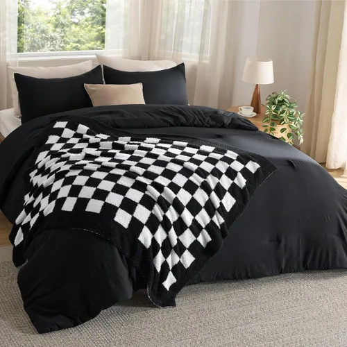Miniatura 9 de Bedsure Juego de edredón individual con manta a cuadros para sofá, 3 piezas, 1 edredón beige tamaño individual, 1 funda de almohada, 1 manta a