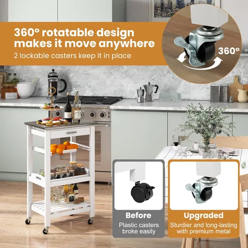 Miniatura 6 de GLACER Isla de cocina sobre ruedas, carrito de isla de cocina rodante con parte superior de acero inoxidable, carrito de almacenamiento con ruedas