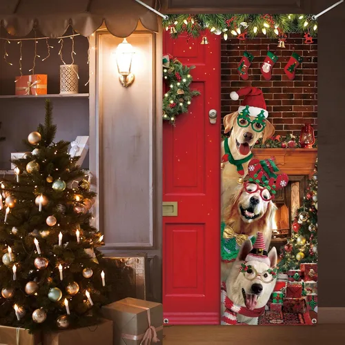 Miniatura 7 de Tiamon Decoración de Cubierta de Puerta de Navidad Divertida Cubierta de Puerta de Feliz Navidad Telón de Fondo Lindo de Perro de Papá Noel