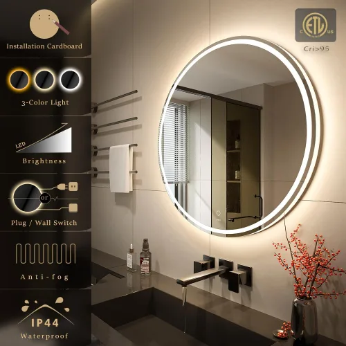 Miniatura 2 de KWW Espejo de tocador redondo LED grande de 24 pulgadas, temperatura de color ajustable, luces regulables antivaho y regulables, fácil de instalar