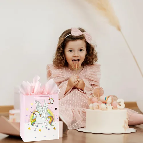 Miniatura 5 de Laidans Bolsa de regalo de unicornios grandes de 13 pulgadas para niñas y niños, baby shower con papel de seda, paquete de 1