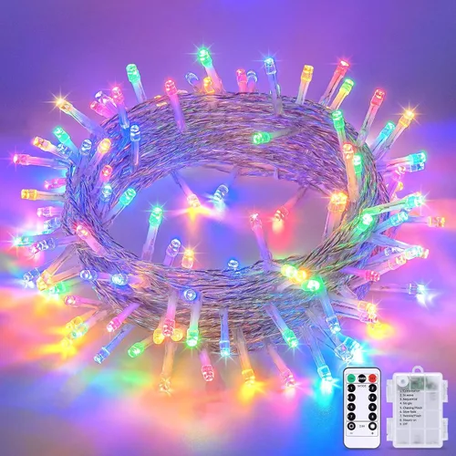 JMEXSUSS Luces de Navidad multicolor que funcionan con pilas con 8 modos de control remoto, impermeables, 33 pies, 100 luces LED de Navidad con