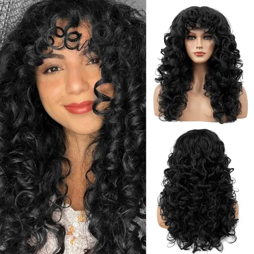Miniatura 11 de Flufymooz Peluca rizada con flequillo para mujeres negras, 20 pulgadas, color marrón nogal, peluca de pelo largo, rizos con flequillo ondulado