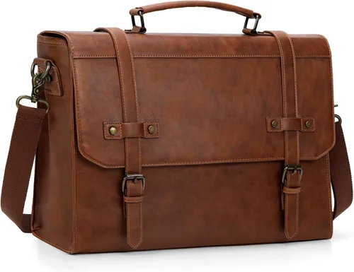 Miniatura 11 de RAINSMORE Bolsa de mensajero para hombre de 17 pulgadas, impermeable, de piel vintage, maletín para laptop, bolsa grande para laptop, bolsa de Marrón