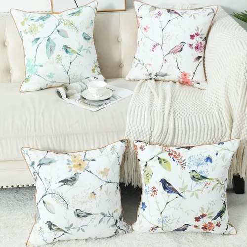 Miniatura 5 de VOGOL Juego de 2 fundas de almohada, 18 x 18 pulgadas, patrón de pájaros verdes, estampado de flores y pájaros verdes, fundas de cojín para cama