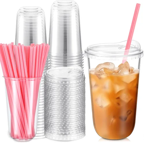 Miniatura 16 de Ziliny Juego de 25 vasos de plástico transparente con pajitas rosas en forma de corazón y tapas sin popote, vasos desechables para mascotas de fondo