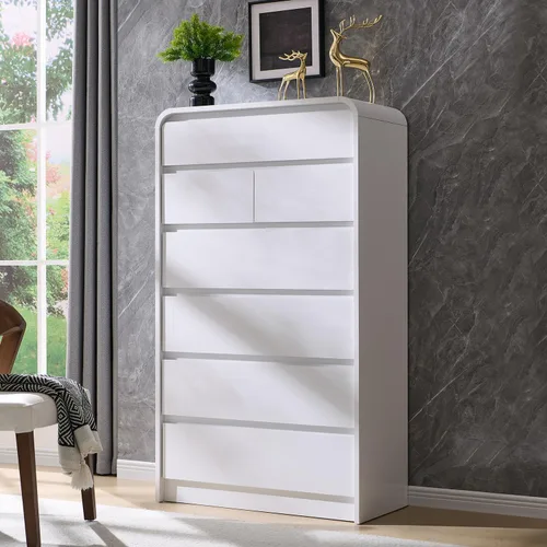 Miniatura 11 de Aitjunz Cómoda moderna de 5 cajones para dormitorio, 114 cm de altura con diseño de perfil curvo, cómoda vertical de madera estilo mediados de siglo
