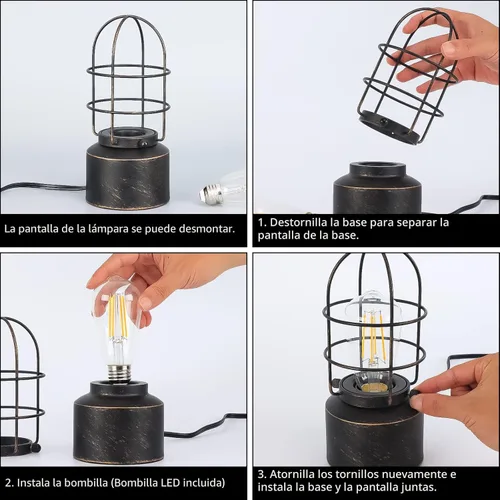 Miniatura 6 de Haian Support Lámpara de noche industrial regulable de 3 vías, mesa de noche antigua Steampunk para dormitorio, sala de estar (bombilla incluida)