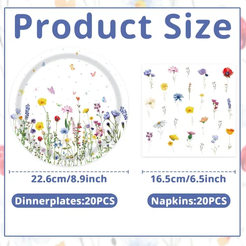 Miniatura 2 de T-Antrix 40 piezas de platos y servilletas de flores silvestres, suministros de fiesta, juego de vajilla desechable floral de flores silvestres