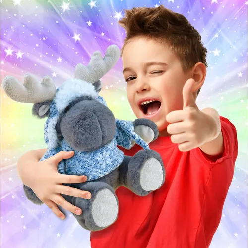 Miniatura 2 de DolliBu - Animal de peluche de alce – Suave peluche abrazable de alce gris con suéter y sombrero, adorable juguete de peluche, lindo regalo de vida