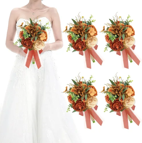 Miniatura 37 de Juego de 4 ramos para dama de honor para boda - Ramos de flores artificiales de 7 pulgadas para decoración de centros de mesa de ceremonia y Azul