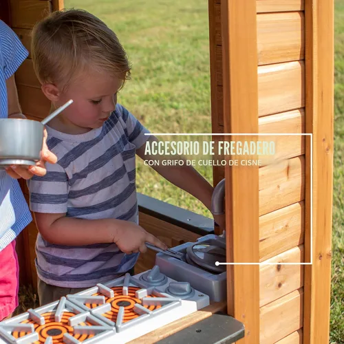 Miniatura 7 de Backyard Discovery Sweetwater Casa de juegos de madera de cedro para niños con cocina de juguete, barra de aperitivos, puerta media, teléfono