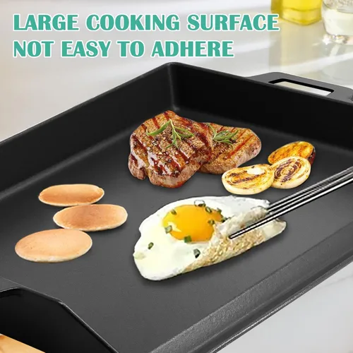 Miniatura 4 de Hiorucet Plancha de hierro fundido de 18 pulgadas, placa superior plana grande para parrillas de gas y horno de cocina, parrilla universal con asas