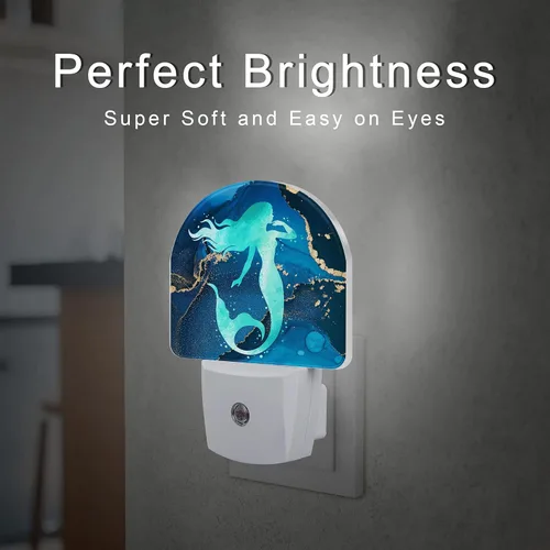 Miniatura 2 de Luz nocturna de acuarela turquesa con sirena para niños, luz nocturna de mármol azul marino dorado enchufable con sensor de atardecer a amanecer
