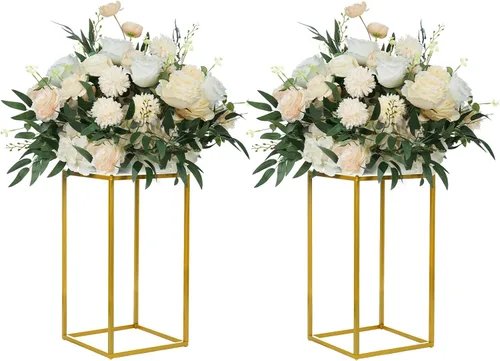 YALLOVE Paquete de 2 soportes dorados de 15.75 pulgadas para flores de boda, soporte de columna de metal para centro de mesa geométrico para