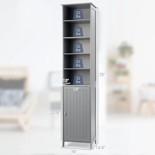 Miniatura 3 de COSTWAY Armario de almacenamiento alto, armario de piso de madera con estantes ajustables de 3 niveles, puerta y perilla convenientes, organizador