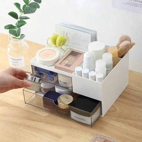 Miniatura 2 de MILULUGO Organizador de maquillaje con 2 cajones, organizador de escritorio, 4 compartimentos, caja de almacenamiento de cosméticos para esmalte