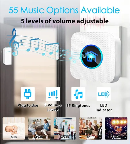 Miniatura 3 de Timbre de puerta inalámbrico, timbre inalámbrico para tienda con indicadores LED, impermeable, alarmas de puerta cuando se abre con rango de 986