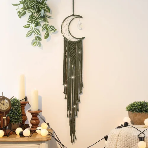 Miniatura 17 de ANROYE Colgante de pared tejido de macramé bohemio, crochet, luna creciente, estrella, atrapasueños con borla larga, algodón verde, hecho a mano