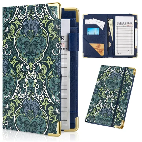 Miniatura 7 de Libros de servidor para camarera - Bonito libro de camarera con bolsillo para dinero, libro de cuero con cartera y bolsillo con cremallera. Flores a