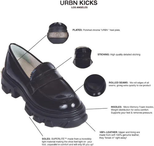 Miniatura 5 de URBN KICKS - Mocasines lisos, mocasines negros para mujer, punta redonda, 100% piel auténtica, suela gruesa Superlite