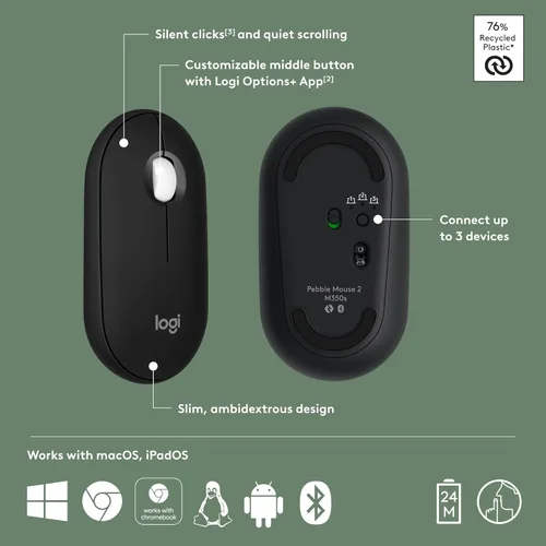 Miniatura 6 de Logitech Pebble Mouse 2 M350s Slim Bluetooth Ratón inalámbrico, portátil, ligero, botón personalizable, clics silenciosos, fácil de cambiar
