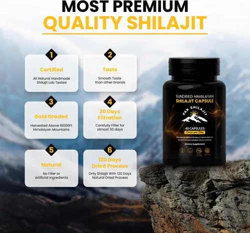 Miniatura 8 de Cápsulas Shilajit del Himalaya curadas naturalmente por el sol de 120 días Grado dorado superior a 18,000 pies Orgánico Más de 85 minerales