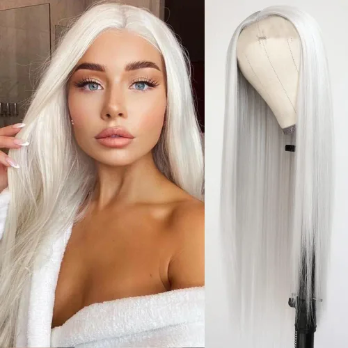 Miniatura 15 de QD-Tizer Pelucas sintéticas de color rubio ceniza con flequillo, pelucas de cabello largo y lacio, sin pegamento, pelucas sintéticas sin encaje