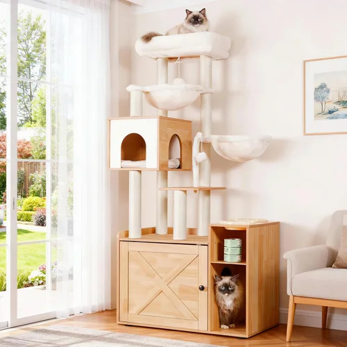 Miniatura 13 de Hey-brother Árbol para gatos con recinto de caja de arena XL, torre para gatos todo en uno para gatos de interior con hamaca grande, cama, estación