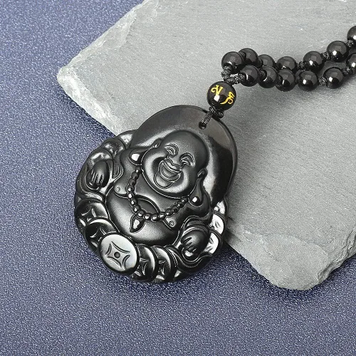 Miniatura 2 de NAKOBO Collar de obsidiana negra de Buda, Yin Yang, lobo y dragón, amuleto de protección con cadena de cuentas extendida, piedra de cristal
