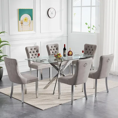 Miniatura 15 de Juego de mesa de comedor de cristal para cocina de 4, 5 piezas, mesa de comedor rectangular de 51 pulgadas con 4 sillas de cocina de terciopelo