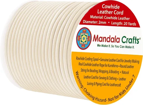 Miniatura 168 de Mandala Crafts Cordón Redondo de Cuero de Piel de Vaca Genuino Beige para Fabricación de Joyas Kumihimo Carrete de Cuerda de Cuero - Cordón