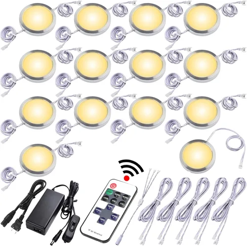 Luces LED de disco para debajo del gabinete, iluminación de armario de encimera, conexión en cadena con margarita, cableado directo y enchufable de