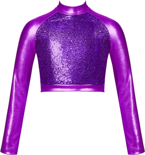 Lorilida Camiseta corta de manga larga metálica para niñas y niñas, cuello alto, con brillantina, leotardo de ballet para gimnasia, rendimiento