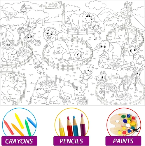 Miniatura 3 de Póster gigante para colorear de animales del zoológico para niños, mantel grande para colorear, rollo de actividad, papel de dibujo, hojas