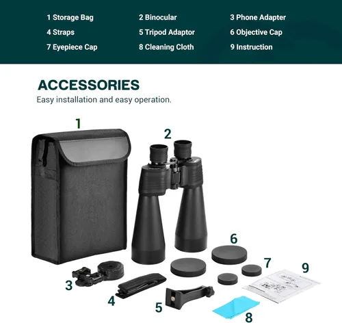 Miniatura 8 de ESSLNB Binoculares Gigantes de Astronomía 15X70 con Adaptador para Teléfono, Adaptador de Trípode y Bolsa de Transporte FMC Binoculares Impermeables