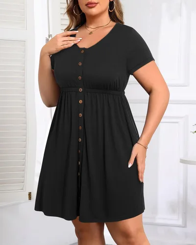 Miniatura 91 de Holipick Vestidos de verano para mujer, talla grande, casual, con bolsillos, acampanado, con botones, sin mangas, cuello en V