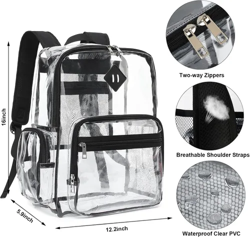 Miniatura 4 de Fuyicat Mochila transparente resistente para niñas, niños, mujeres y hombres, mochila escolar transparente de PVC transparente (negro)