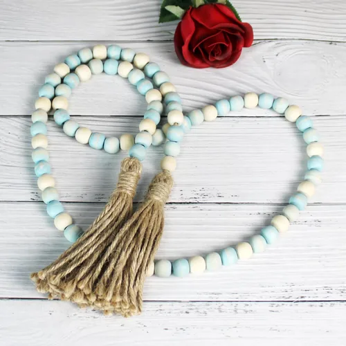 Miniatura 2 de CVHOMEDECO. Guirnalda de cuentas de madera con borlas, estilo rústico de granja, cuentas de oración para colgar en la pared, acento para decoración