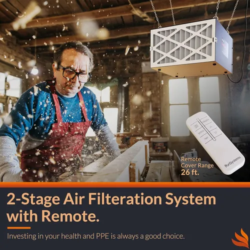 Miniatura 2 de Sistema de filtración de aire remoto de 3 velocidades PURISYSTEMS, filtro de aire colgante PuriCare 500 con control remoto RF para carpintería