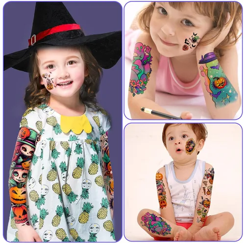 Miniatura 2 de 52 piezas de tatuajes temporales de Halloween de colores brillantes para niños, brazo completo para niñas y niños, calabaza, fantasma, castillo