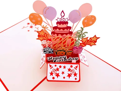 Miniatura 8 de iGifts And Cards Tarjeta desplegable 3D de 20 cumpleaños – Caja de fiesta roja de moda sorpresa con globos, regalos y vibraciones de celebración
