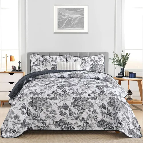Miniatura 2 de WONGS BEDDING Juego de edredón botánico tamaño Queen, negro, 3 piezas, colcha con estampado floral de plantas Toile, juego de ropa de cama