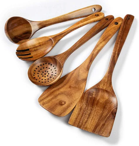 Juego de utensilios de cocina de madera, 5 cucharas de madera de acacia natural para cocinar para sartén antiadherente, juego de utensilios para