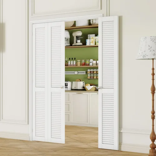 Miniatura 20 de Puerta plegable de 180 grados, para aberturas de 30 ″ x 80 ″, puerta plegable esmerilada blanca 3-Lite con bisagras, juego de herrajes para puertas