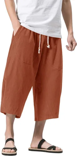 MAGNIVIT Pantalones capri de lino y algodón para hombre, ajuste holgado, cintura elástica, pierna ancha, pantalones harén holgados