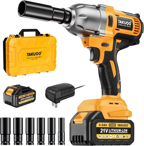 Takuoo Llave de impacto inalámbrica de 1/2 pulgada, pistola de impacto sin escobillas de 1200 N.m (900 pies-libras), llave eléctrica de alto par de