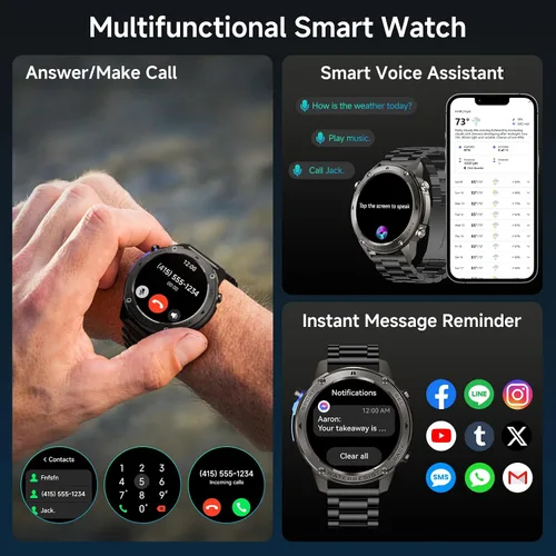 Miniatura 5 de Reloj inteligente con GPS para hombre, reloj inteligente militar resistente, brújula, resistente al agua hasta 164.0 ft, batería grande de 500 mAh